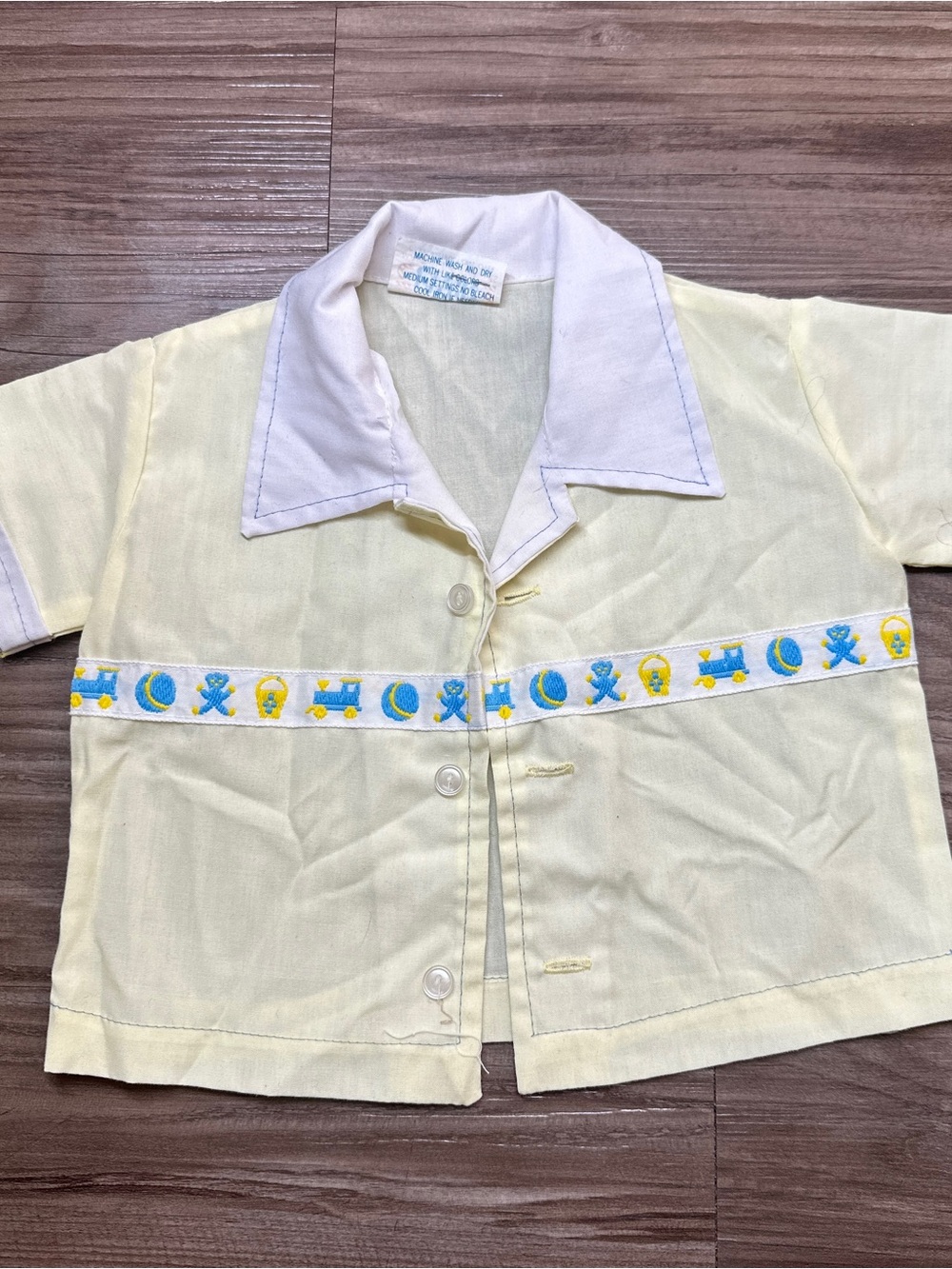 Vintage 1970s Train Trim Baby Boy  Button Camp Collar Shirt Yellow Cotton 3M